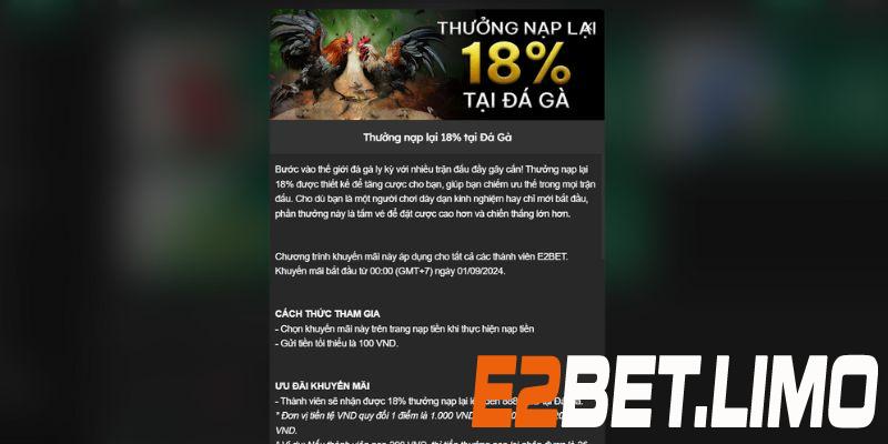 Thưởng nạp lại 18% tại sảnh cược đá gà hot hit