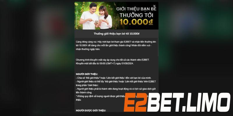 Khuyến mãi E2bet thưởng giới thiệu bạn bè tới 10.000%